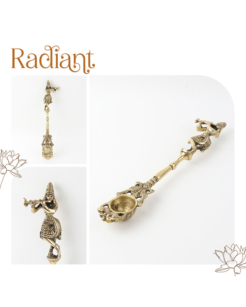 Brass Ritual Spoon with Lord Krishna Idol for Pooja Use