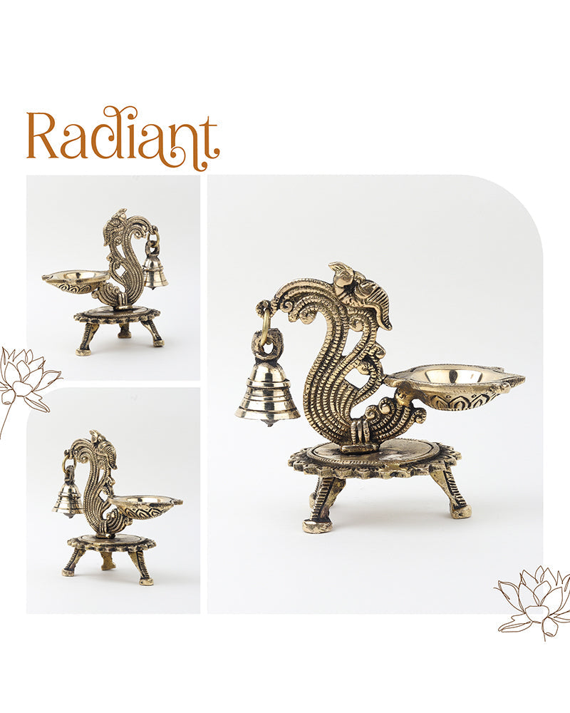 Traditional Brass Aarti Diya with Parrot Design with Hanging Bell