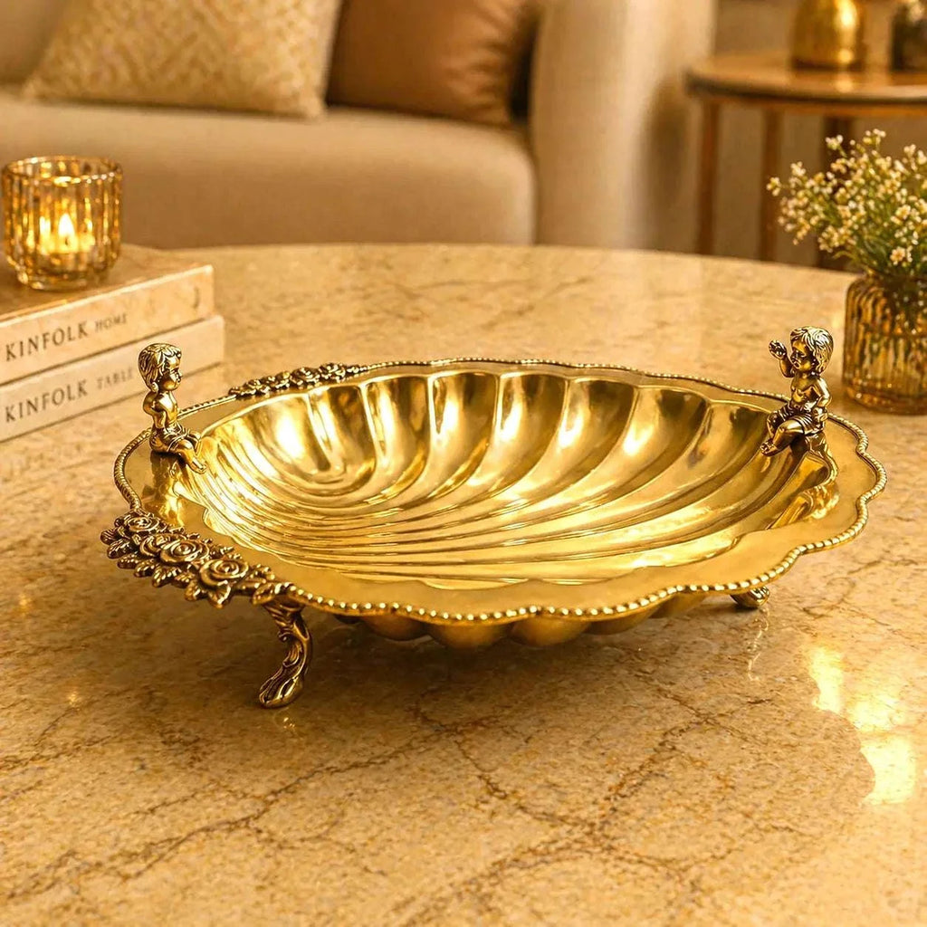Brass Shell Shaped Decorative Serving Tray / Bowl (13 Inch) Vedansh Craft