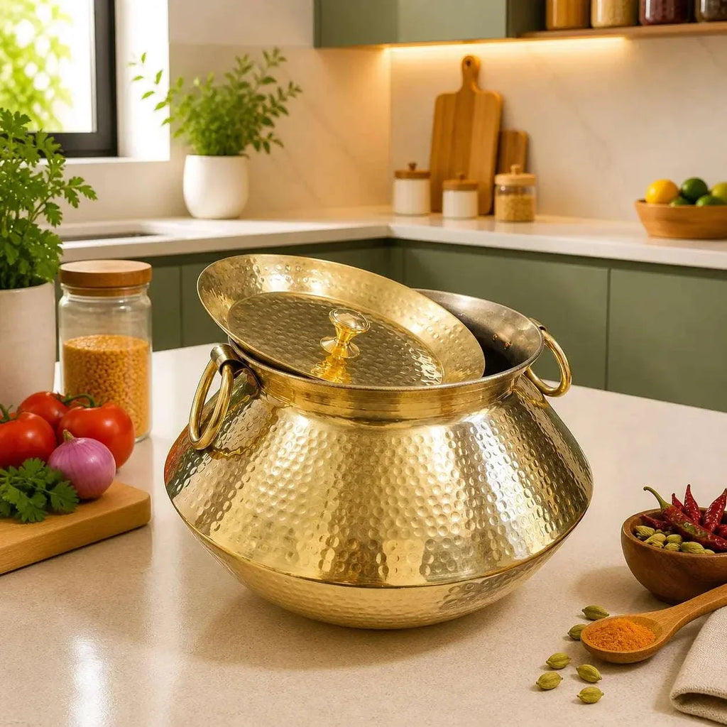 Brass Hammered Vintage Handi / Degchi with Lid Vedansh Craft