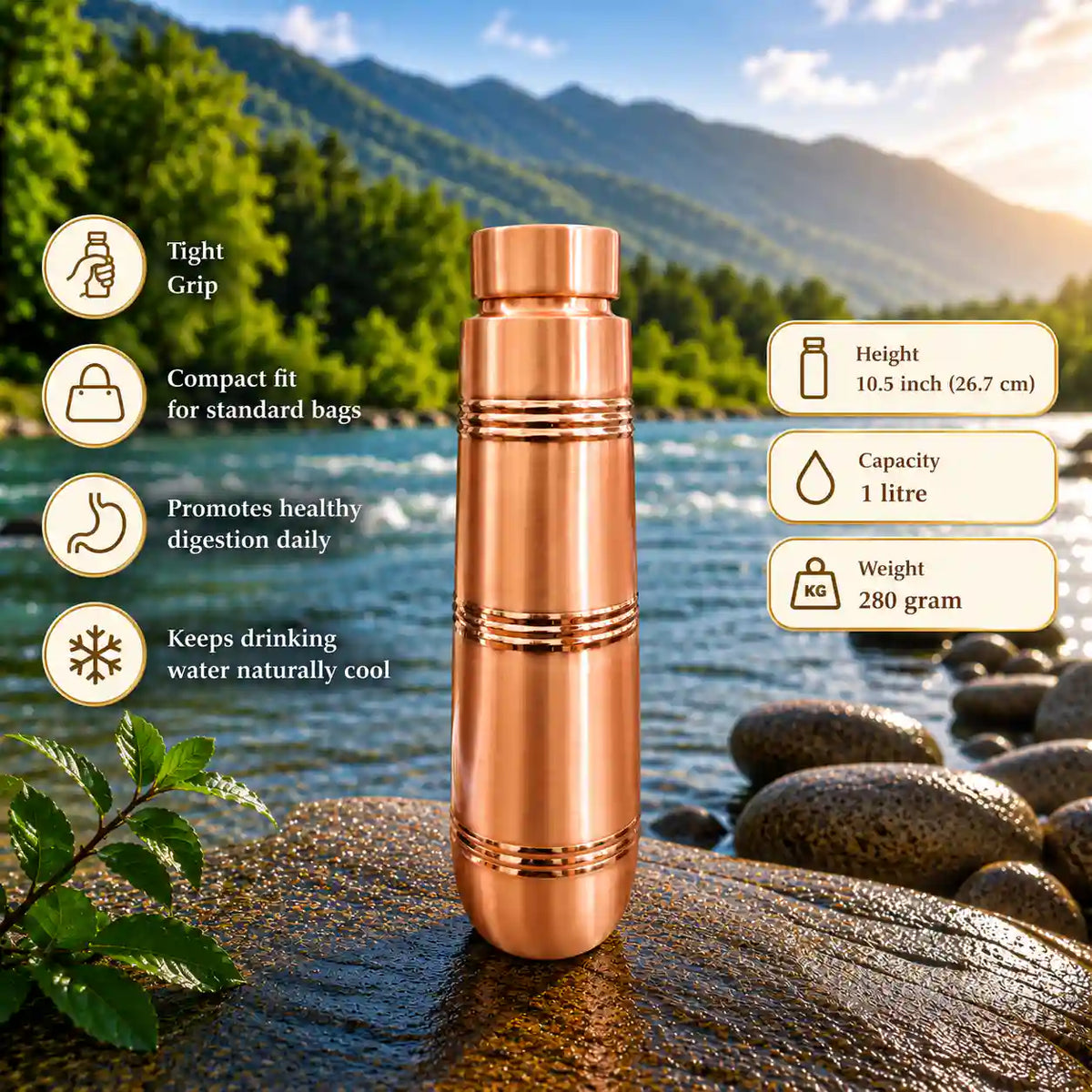 Copper Ring Design Water Bottle (10.5 Inch) Vedansh Craft