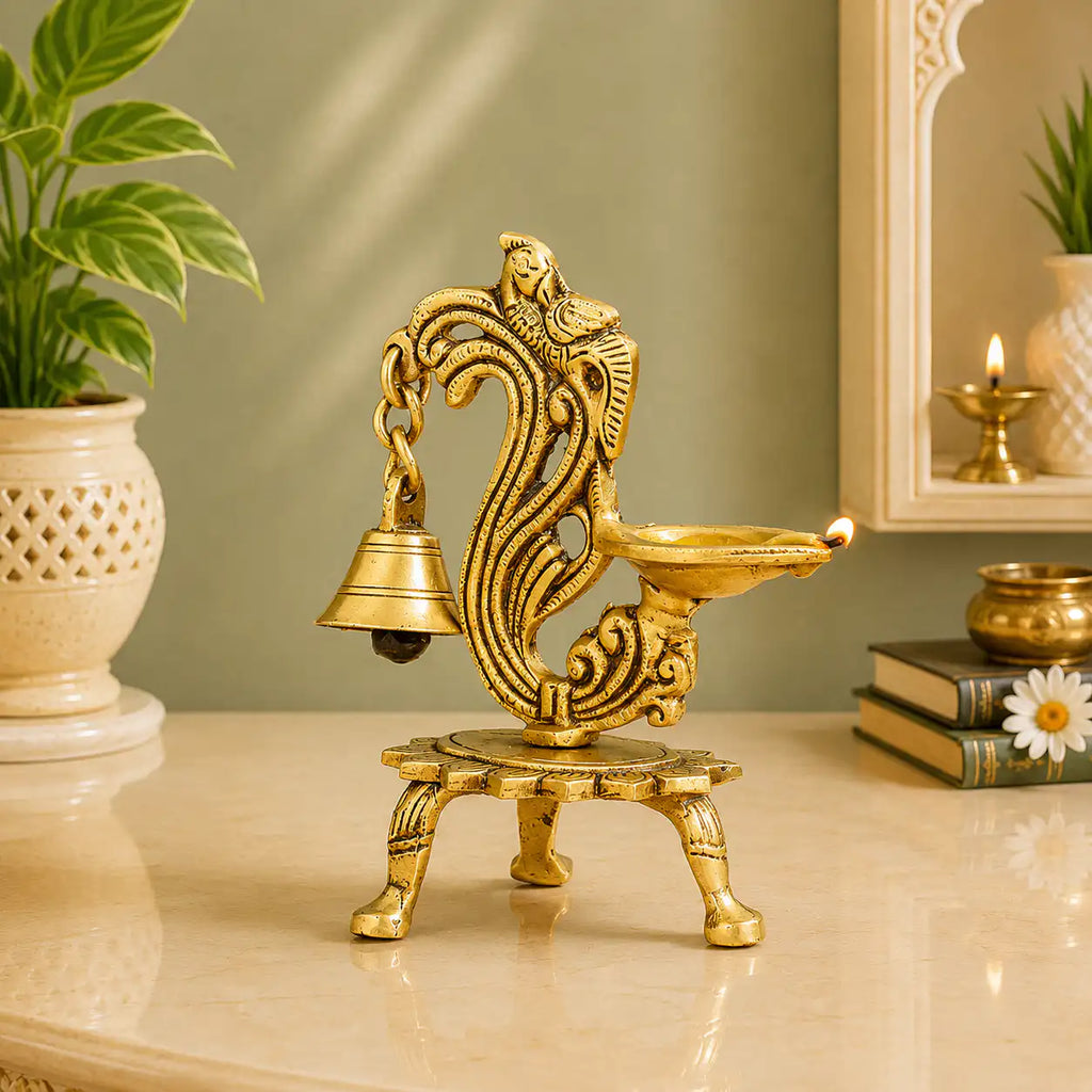 Brass Ethnic Peacock Diya Lamp With Hanging bell Vedansh Craft