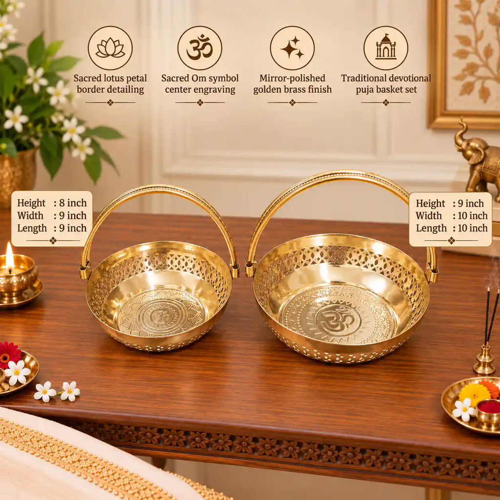 Brass Pooja Basket With Handle Set of 2 Vedansh Craft