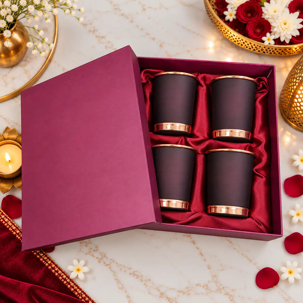 Copper Glass Set of Four With Gift Box/Hamper (3.5 Inch) Vedansh Craft