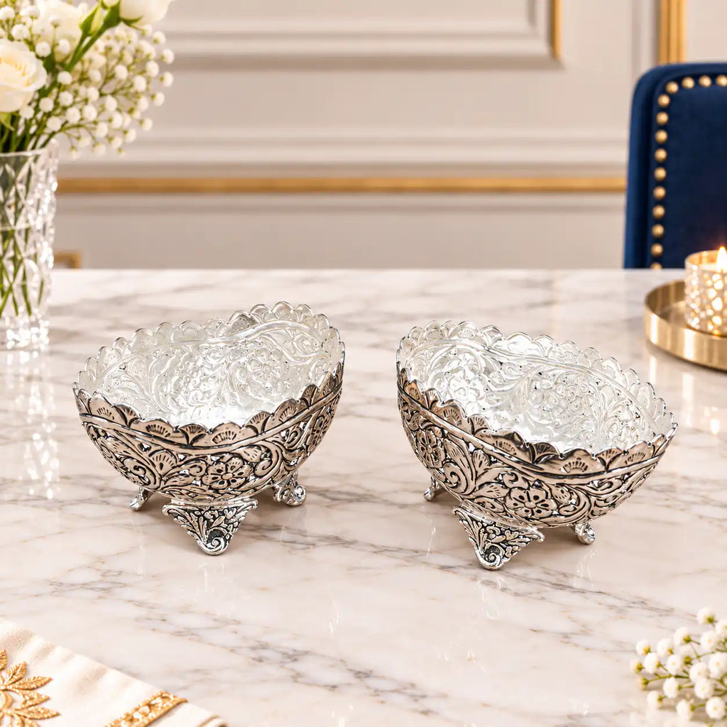 Brass Silver Plated Noka Bowl Set With Velvet Box (3 inch) Vedansh Craft