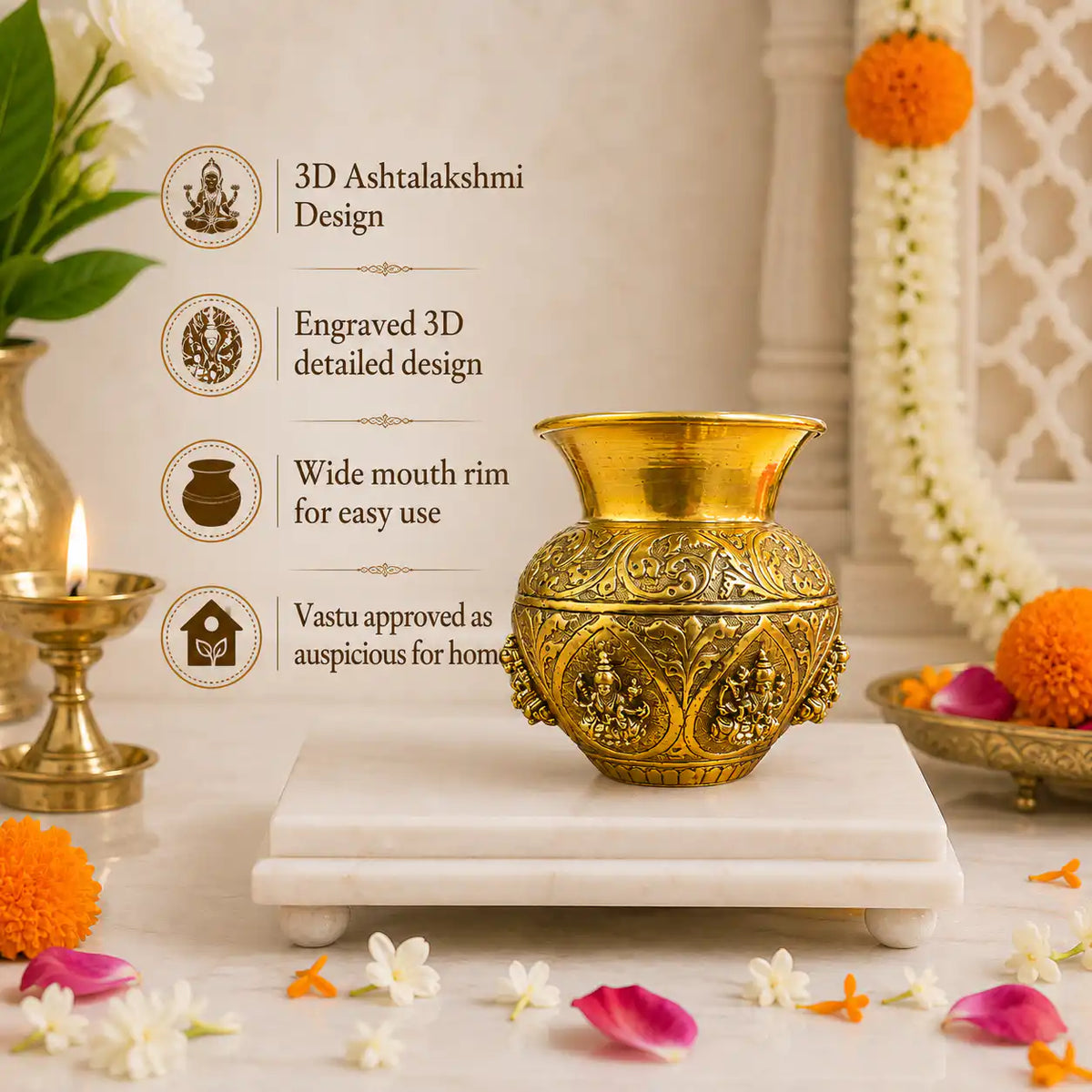Brass Ashtalakshmi Kodam / Kalash (5.5 Inch) Vedansh Craft