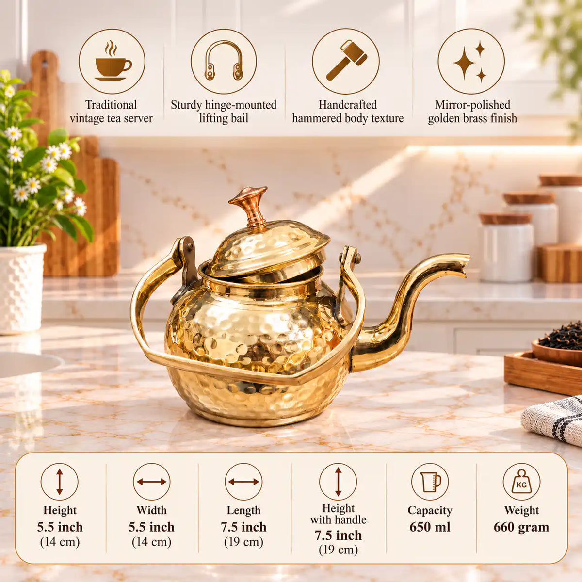 Brass Hammered Tea Pot / Kettle (5.5 Inch) Vedansh Craft