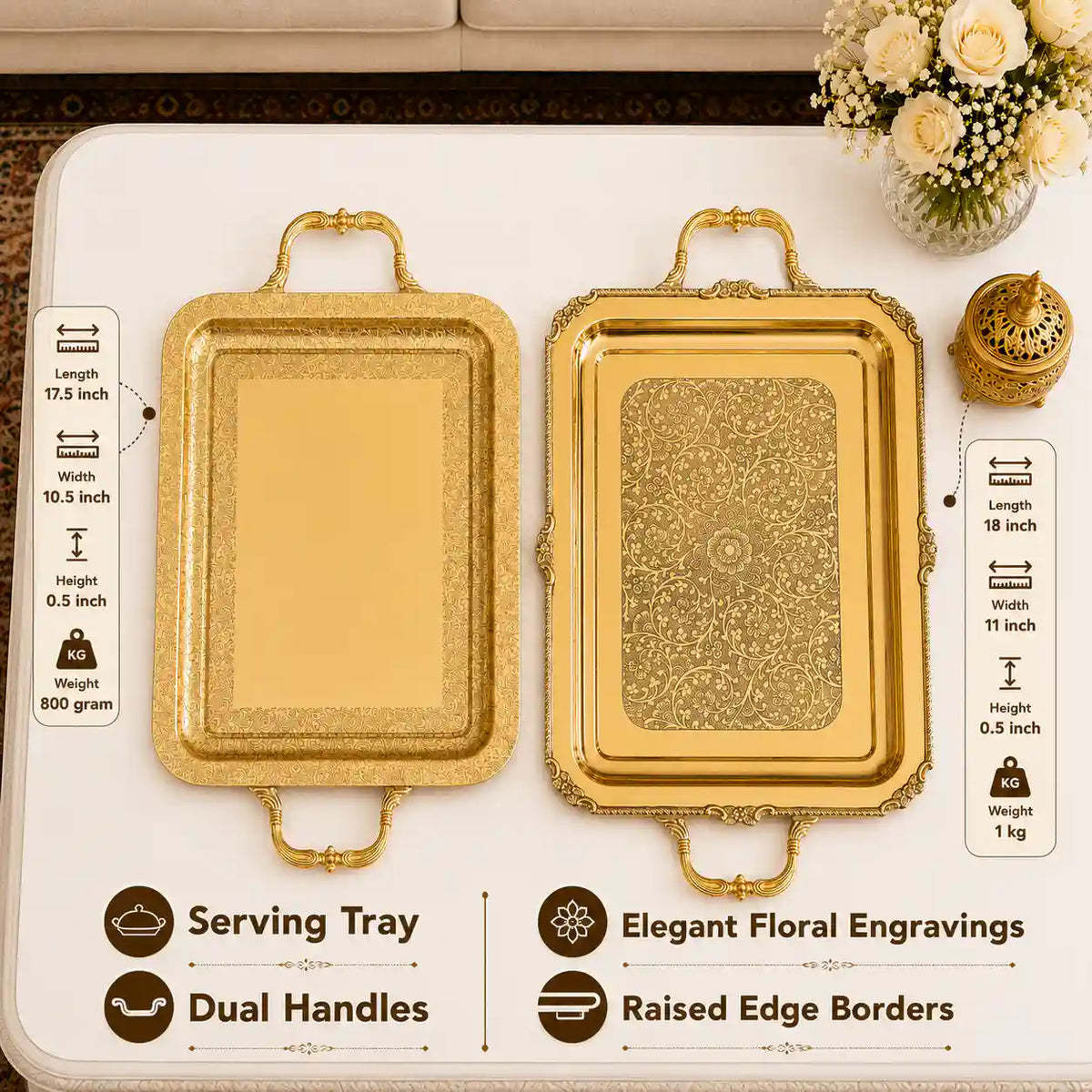Brass Rectangular Tray / Platter With Handle Vedansh Craft
