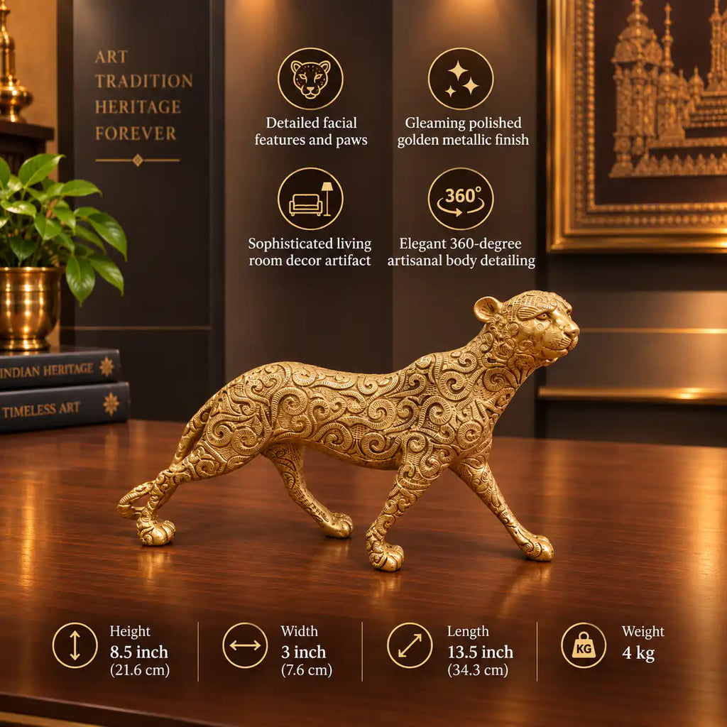 Brass Leopard / Tiger Statue (8.5 Inch) Vedansh Craft