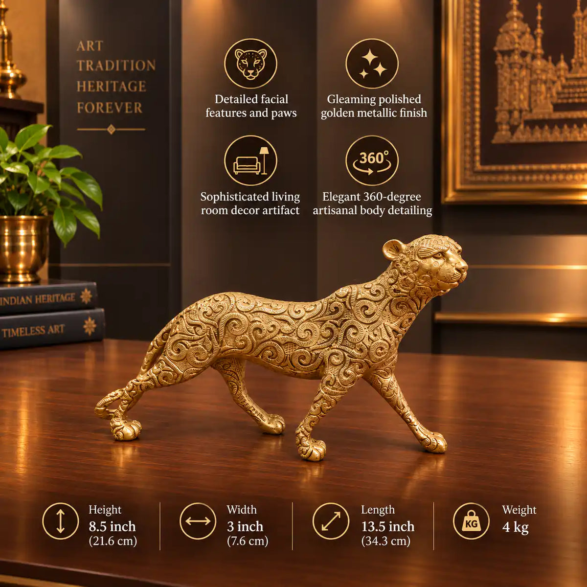 Brass Leopard / Tiger Statue (8.5 Inch) Vedansh Craft
