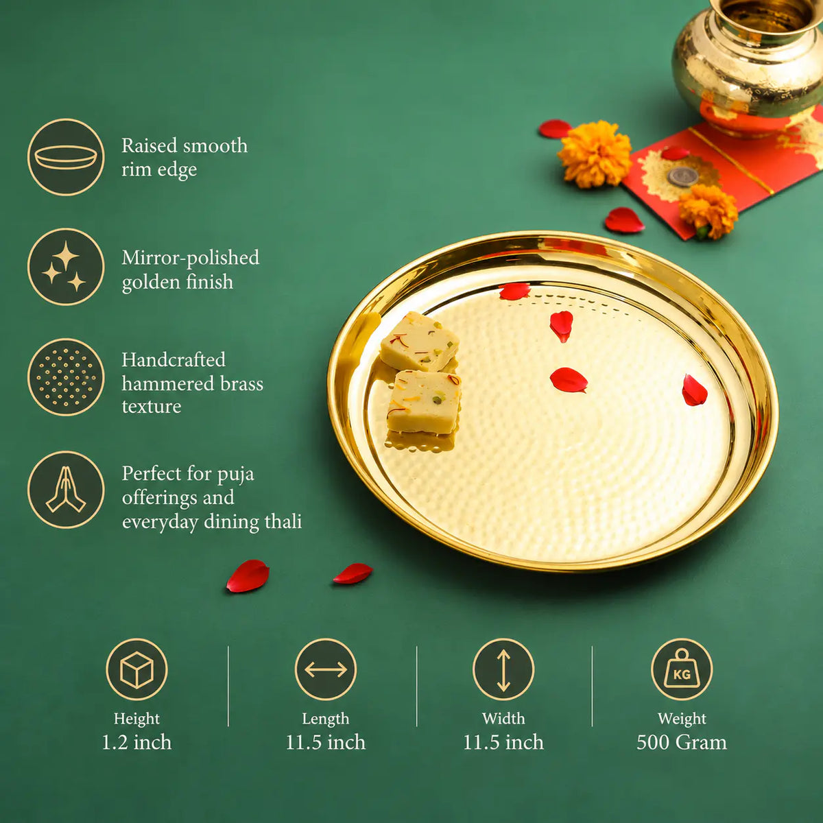 Brass Hammered Thali (11 Inch) Vedansh Craft