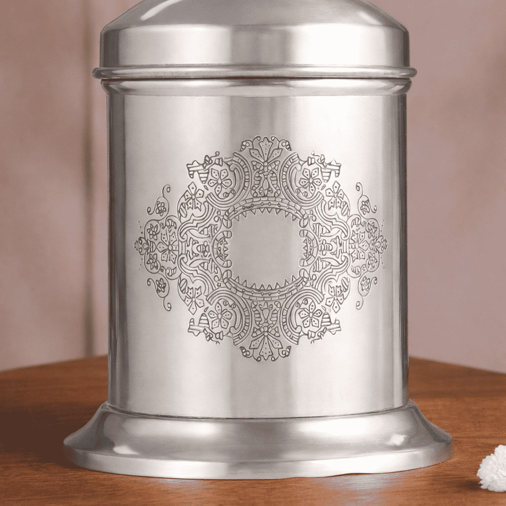 Brass Embossed Design Jar with leaf knob on lid, Brass Decorative Storage Box Vedansh Craft