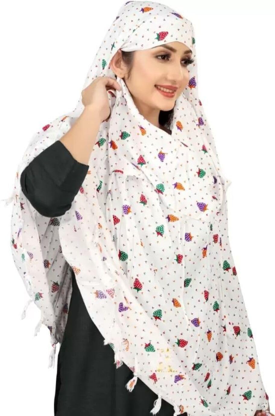Vinsh Enterprise Cotton Long Scarf Cum Mask Scarves Usable for Vehicle Driver | White Printed Design | Universal Size | For Girl & Women | Soft & Breathable Sun Protection (STRAWBERRY)