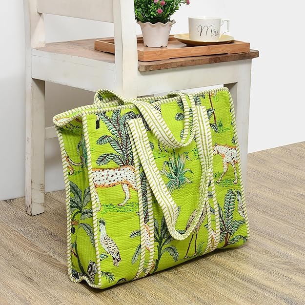 Yda fashion Handmade Quilted Cotton Tote Bag – Large Travel Shoulder Bag with Pockets, Lightweight & Durable – Stylish Printed Handbag for Daily uses (Pack of 2) (Multicolor4)
