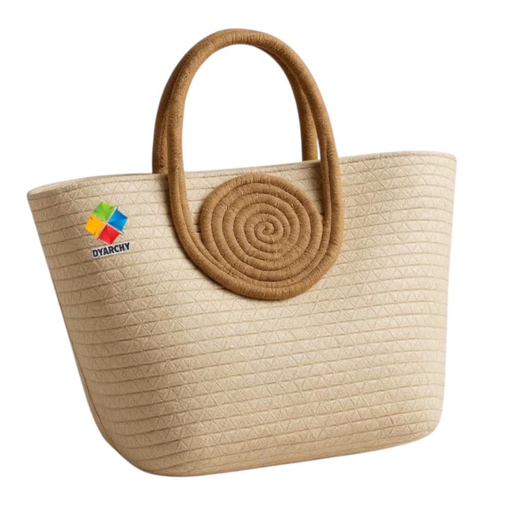 Handmade Crochet Tote Bag with Circular Handle, 25 cm x 15 cm (IVORY BEIGE)