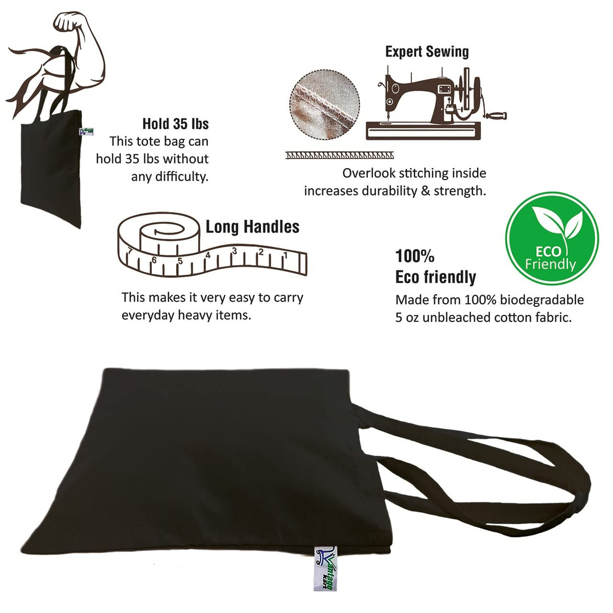VantageKart Black Cotton Canvas Tote Bags Set of 4 – Reusable, Washable, Heavy-Duty, DIY, Embroidery, Screen Printing, Multipurpose Bag
