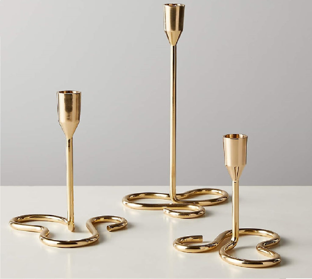 RICHIES ENTERPRISES - Golden Curve Taper Candle Holder, Candlestick Holders Taper Candle Holder, Gold Metal Candle Stand for Home & Decor - 3 Pcs Candle Stick Holders Set (L + M + S)