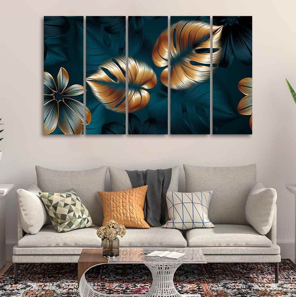 VIBECRAFTS Shiny Golden Leaves Floating Canvas Wall Painting Set of Five For Home|Office|Living Room|Gift (PTVC5Pcs4_8583N)