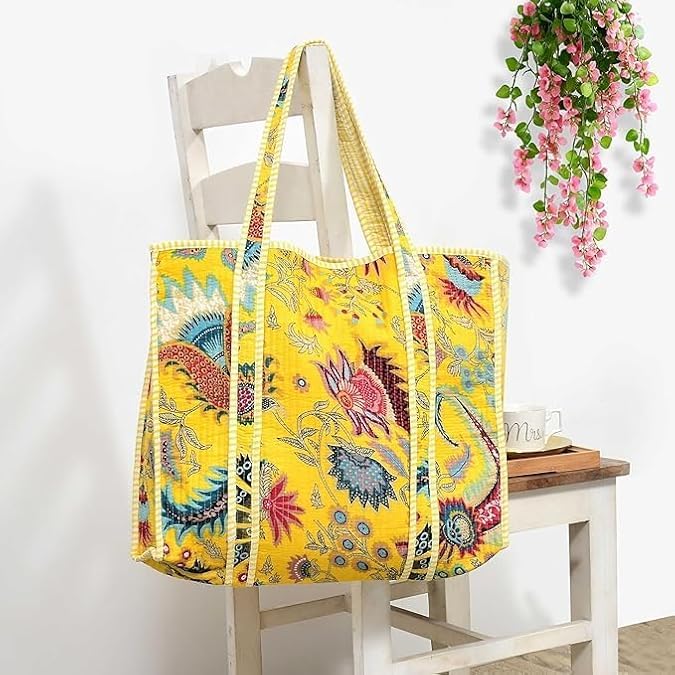 Cotton Quilted Tote Bag for Women, Jungle Print Handbag, Reusable Shoulder Bag with Dual Handles, Lightweight Travel Shopping Tote, Large Capacity Everyday Carry Bag - (Yellow flower bag, 15×15 In)