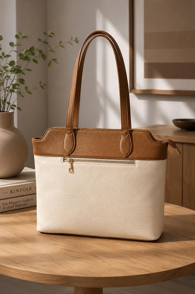Fargo Aura Tote Bag for Women | Vegan Leather Handbag with 15-Inch Laptop Compartment, Smooth Zip | Stylish Office, College & Daily Use Tote | Made in India (Ivory)
