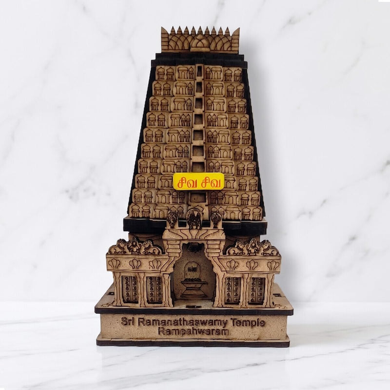 Ayyappan Traders Sri Ramanathaswamy Temple Wooden Miniature Model |Rameshwaram Gopuram Replica|3D Laser-Cut Wooden Temple Souvenir for Home, Pooja Room & Car Dashboard (4.75x3x1.75 Inches)