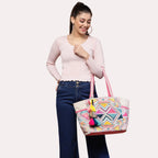 Anekaant Kooky Boho Geometric Embellished Handloom Cotton Jacquard Tote Bag for Women – Handmade Designer Ethnic Bohemian Large Casual Carry Bag