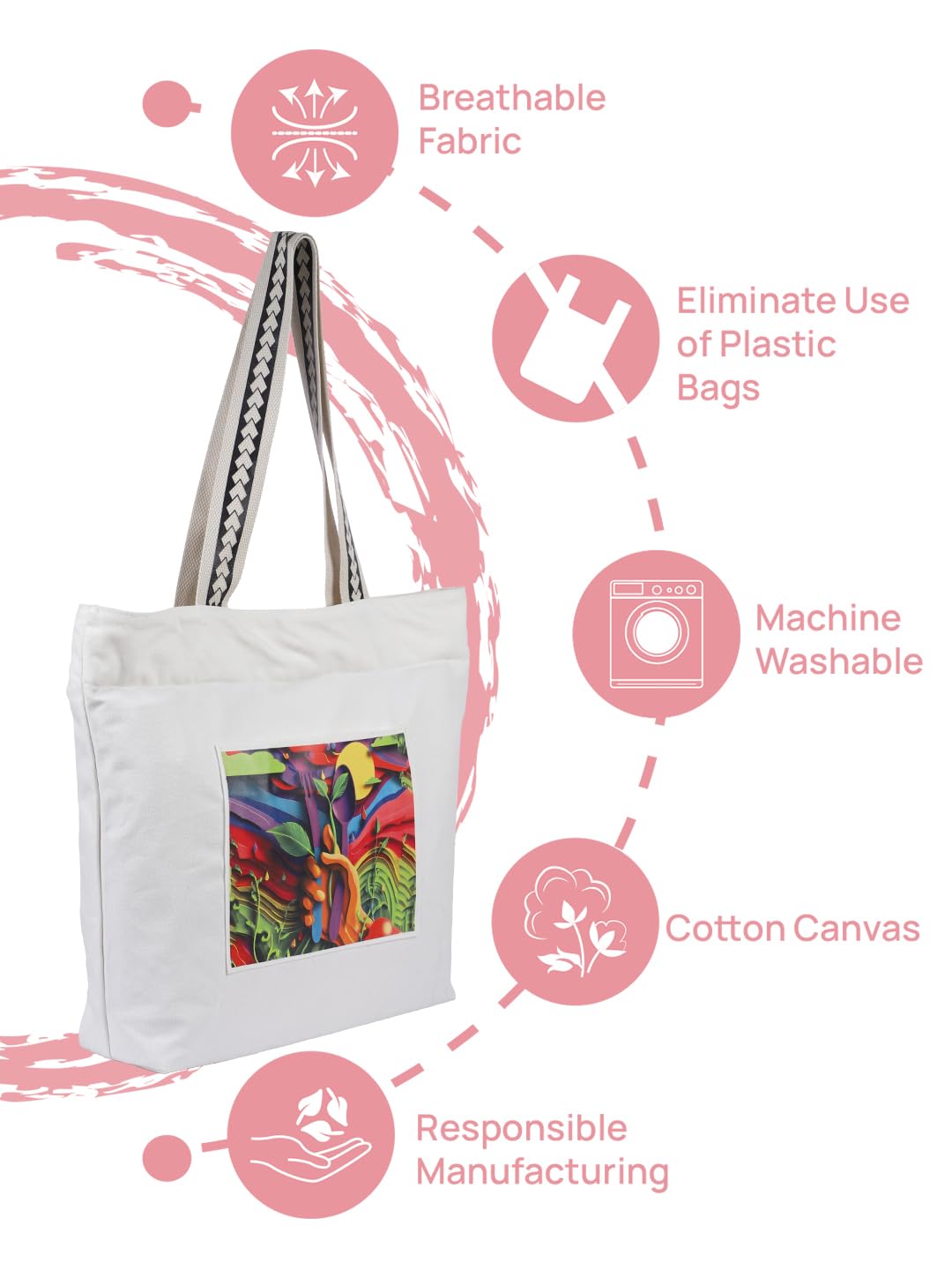 WOTM On The Move Tote | Premium Printed Cotton Canvas Tote Bag with Zipper & Inside Pocket, Stylish Everyday Travel Bag for Work, College, Office, Travel, Shopping (Eco Concious)