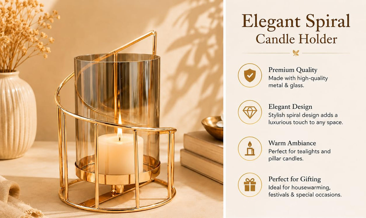 Modern Gold Metal & Glass Candle Holder | Decorative Hurricane Lantern with Spiral Frame | Tealight & Pillar Candle Stand for Home Decor, Living Room, Dining Table & Gifting