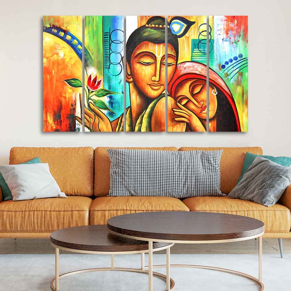 VIBECRAFTS Five Pieces Wall Painting of Radha Krishna For Home|Office|Living Room|Gift (PTVC5Pcs4_8707)