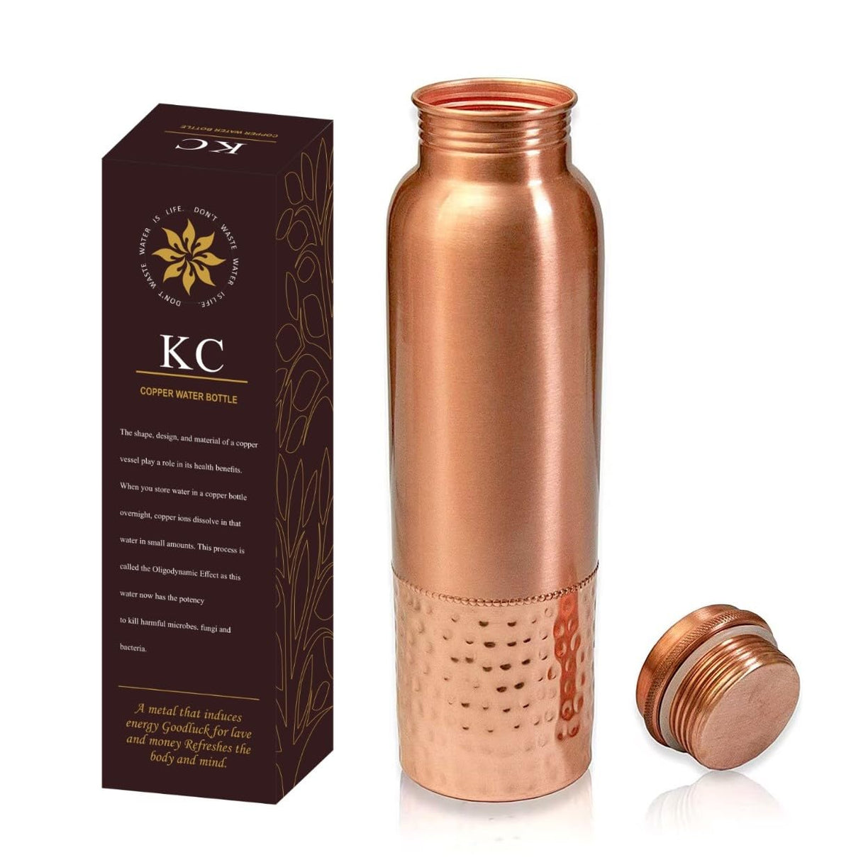 KC Pure Copper Water Bottle with Leak Proof Protection, Ayurveda and Yoga Health Benefits. (Half Hammered Design,1000ml)