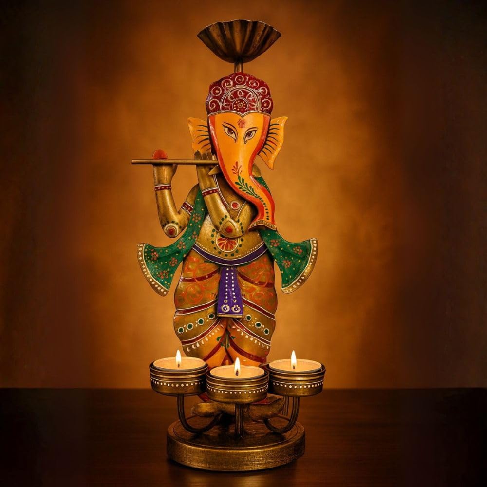 ATRANGI STUDIO Ganesha & Peacock Iron Tealight Holder | Handcrafted Festive Decor | Designer Tealight Candle Holder | Hold 3 tealight Candles | Perfect for Pooja Shelf, Side Table & Gifting | 13 Inch