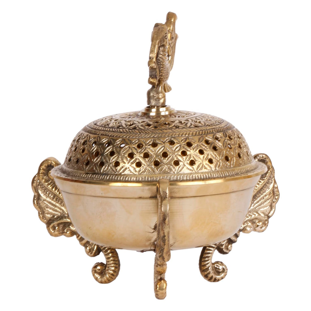 Artvarko™ Brass Peacock Incense Loban Holder Dhuna Charkol Dhoop Dani Aarti Loban Burner Purifying with Stand for Home Office Temple God Puja (6x6x6.5 Inches)