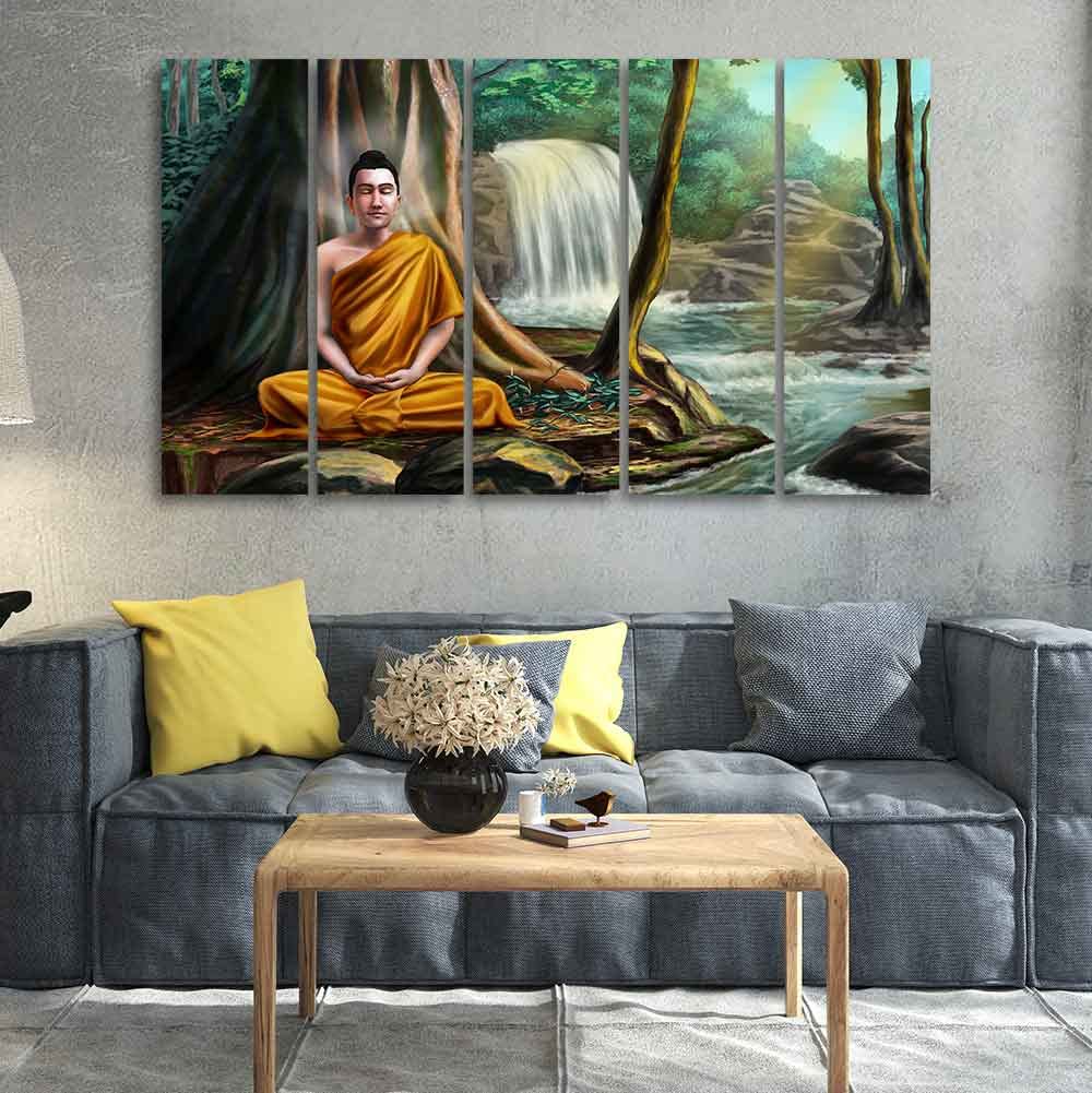 VIBECRAFTS Wall Painting of Buddha with Nature Background Set of Five For Home|Office|Living Room|Gift (PTVC5Pcs4_8614)
