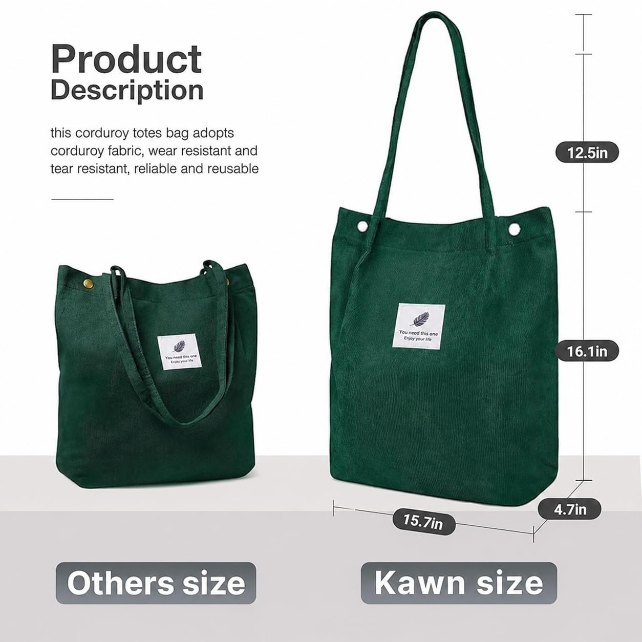 Kawn Women Corduroy Western Tote Bag Canvas Shoulder Cord Purse Reusable Shopping Bag Grocery Bag Large Capacity Washable Handbag Girls Shoulder Bag With Inner Pocket For Daily Use Work Travel (Green)