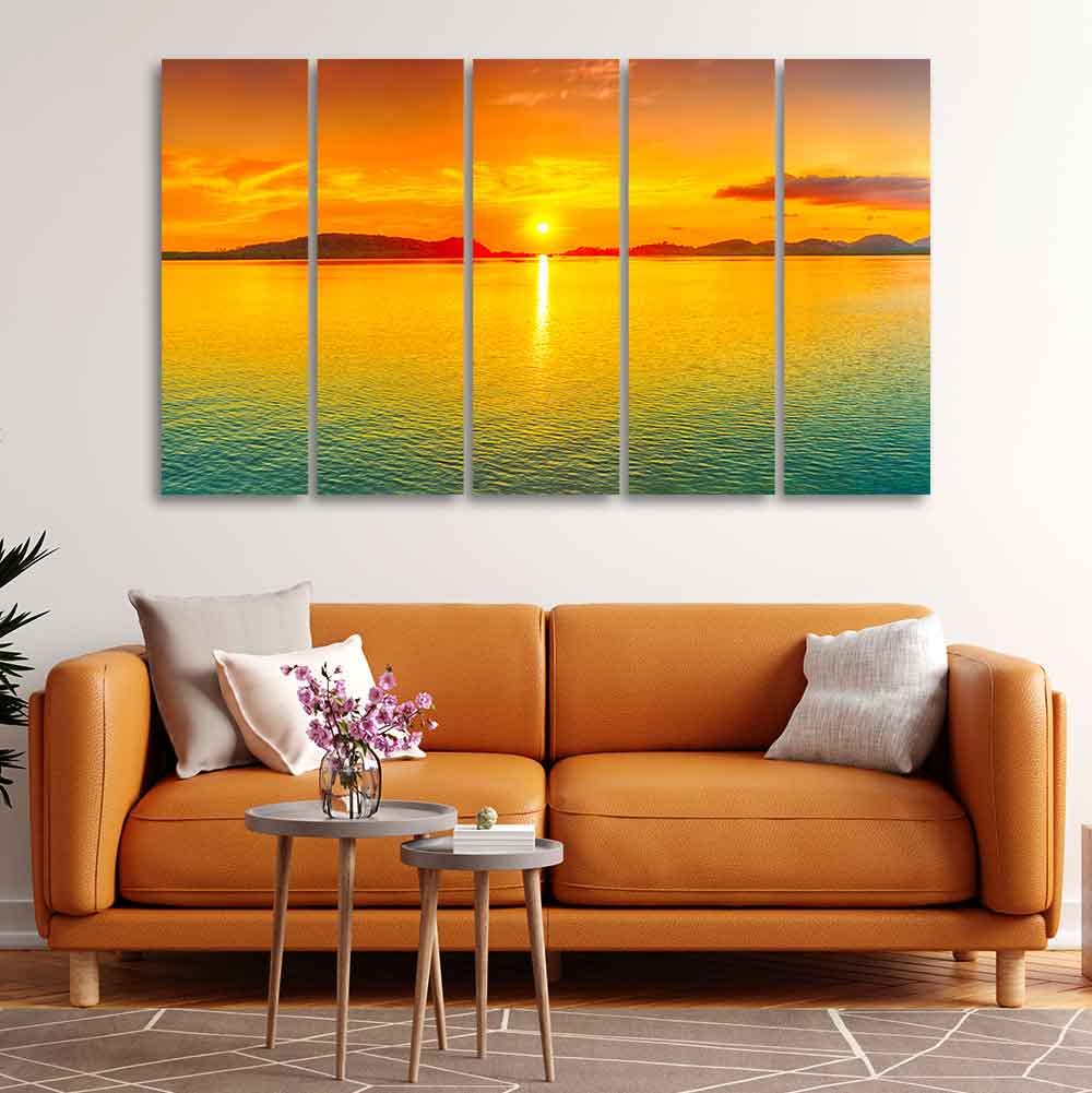 VIBECRAFTS Beautiful Sunset Horizon Five Pieces Canvas wall Painting For Home|Office|Living Room|Gift (PTVC5Pcs4_8589)