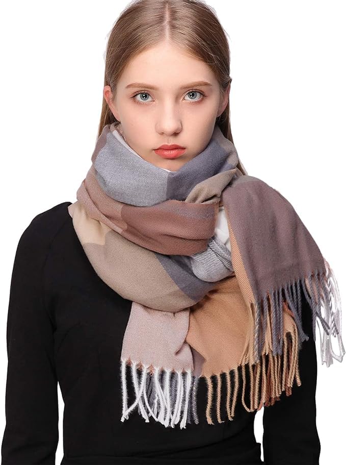 Alexvyan female Winter Brown Multicolor Warm Long Stoles Shawls Long Big Checked Scarves Woolen Women Casual Scarf Soft Wrap For Casual Formal Occassions- 200Cm*70Cm