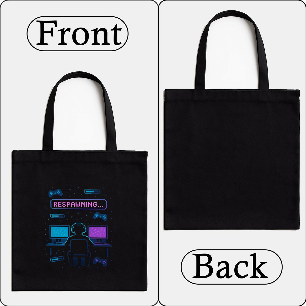 Kirmada Black Cotton Tote Bag | Pixel Respawn Mode Design | Trendy Gamer Tote for Women & Girls | Stylish College & Shopping Bag with Zipper | Reusable Eco Friendly Cotton Tote | Gift for Gamers