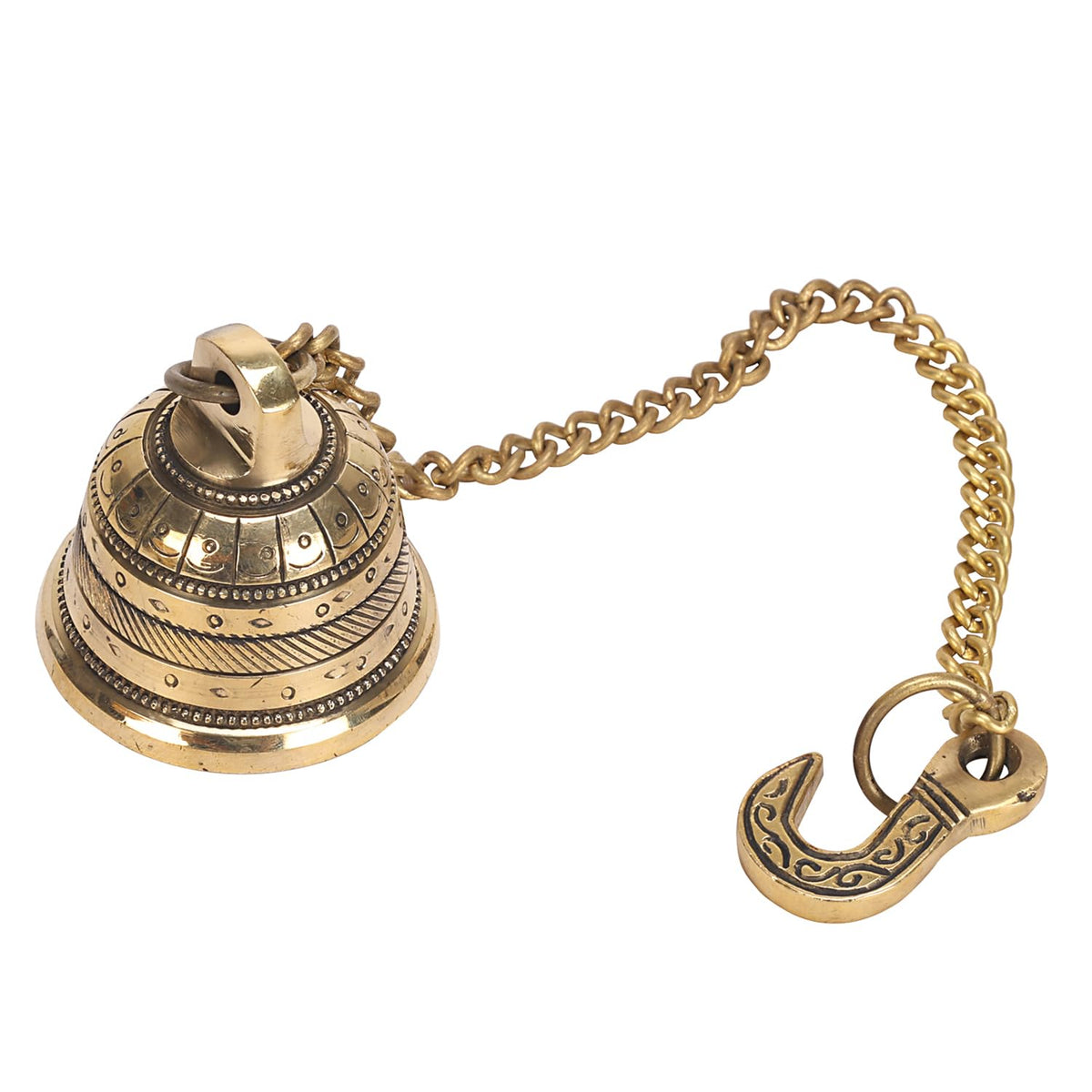 ARTVARKO Brass Hanging Bell with Chain Ghanti for Home Mandir Fine Bell for Pooja Room(Small 2x2 Inches with Chain 15 Inch)