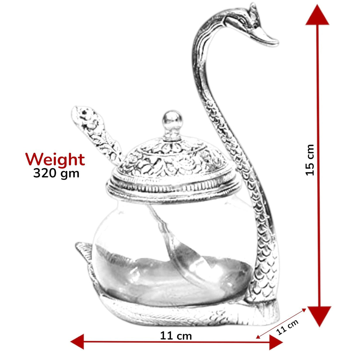 KridayKraft Aluminium swan Duck with Transparent Glass Bowl Set with Spoon and lid (11 x 15 x 11 cm, Silver)