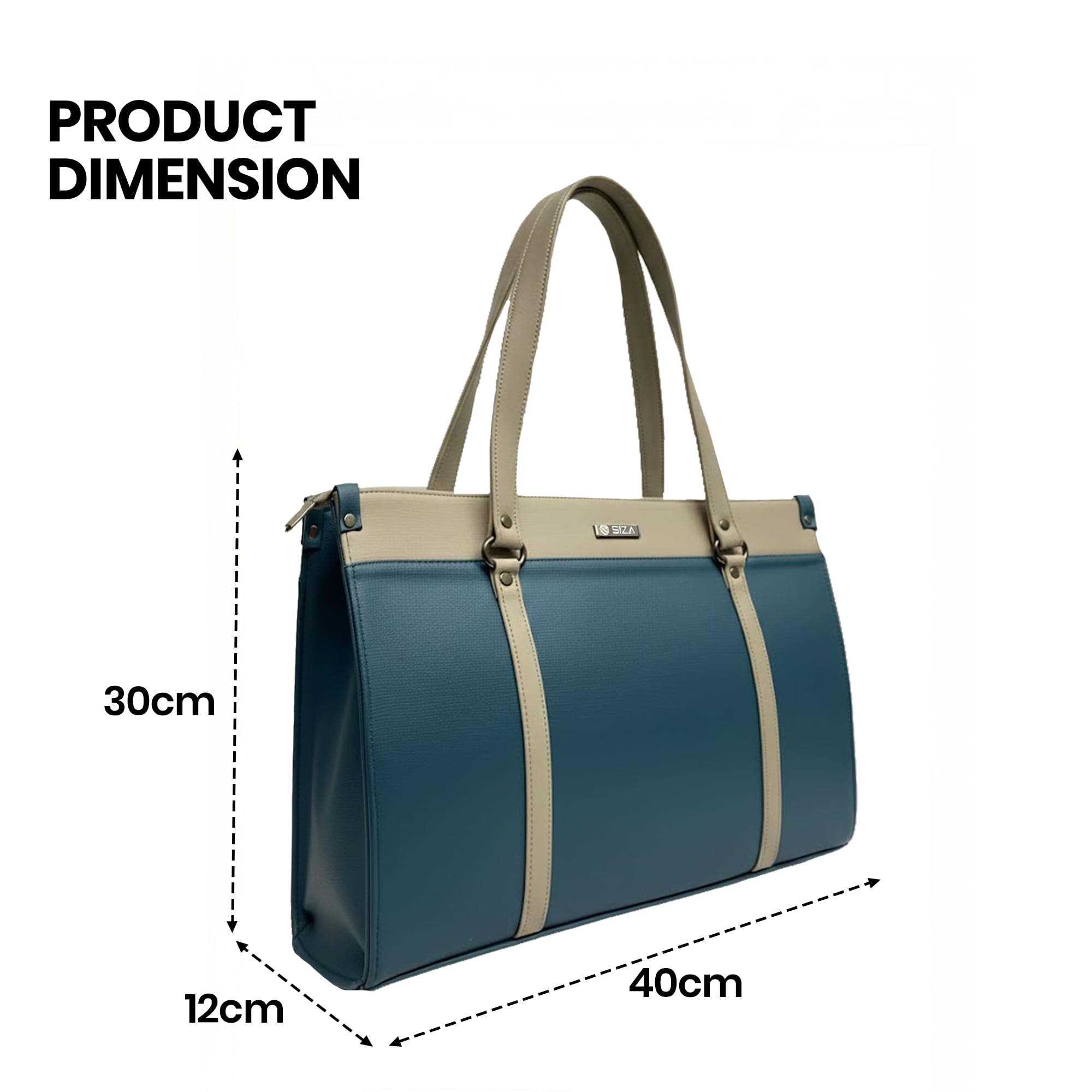 Siza Premium Women Handbag, PU Leather Tote Bag with Sling Strap, Zip Closure Office & Daily Use Shoulder Bag, Dual Handle Large Capacity Work Purse, Teal Blue & Beige
