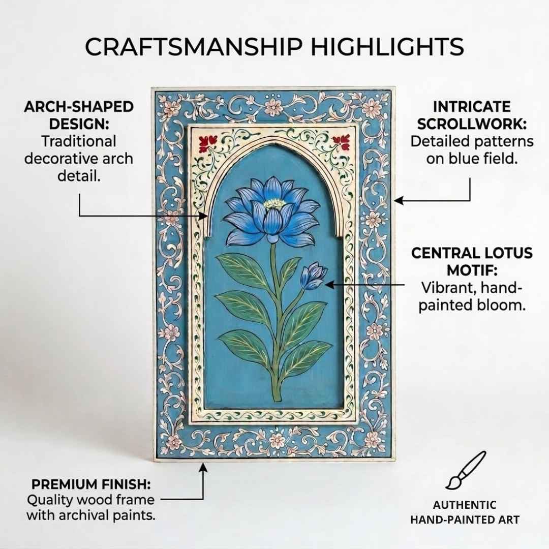 ATRANGI STUDIO Neelkamal Handpainted Wooden Wall Frame | Rajasthani Traditional Craft | Decorative Floral Wall Hanging Art for Living room, Bedroom, Office | 12×18 Inch, Blue