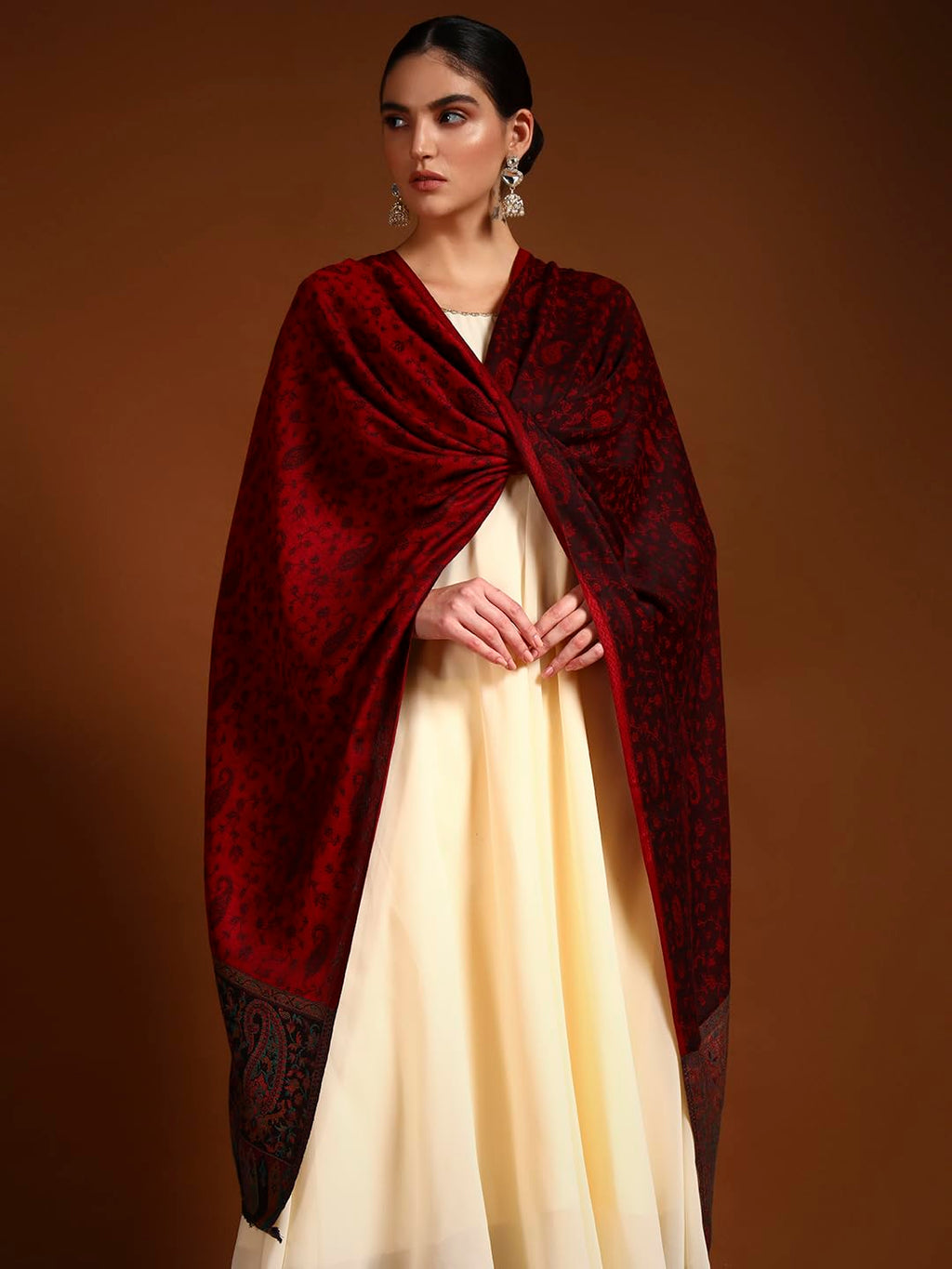 Pashmoda Women Gulpari Kaani Stole, Authentic Kashmiri Luxury Pashmina Style Shawl, Stole, (Size 28x80 Inches, Maroon Color) MAVST06