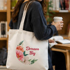 Adorvue Dream Big Quote With Flowers Printed Tote Bag Stylish Eco-Friendly Cotton Handbags, Canvas Bags for College, Shopping, Office, Travel, Grocery Runs, Beach Day and Casual Outings Pack of 2