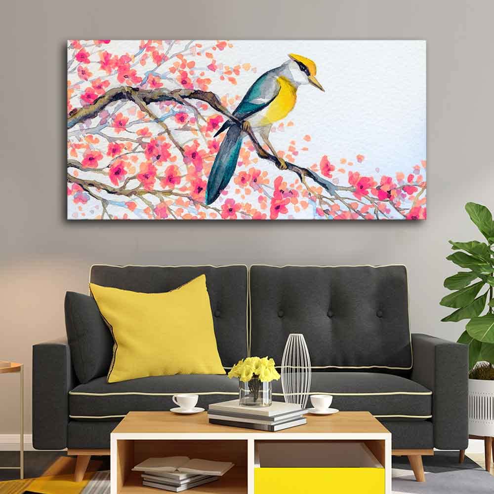 VIBECRAFTS Canvas Paintings for Living Room Drawing Room Beautiful Bird On Tree Branch Canvas Wall Painting Fitted With Wooden Frame For Home | Office | Living Room | Gift (PTVCH_2466)