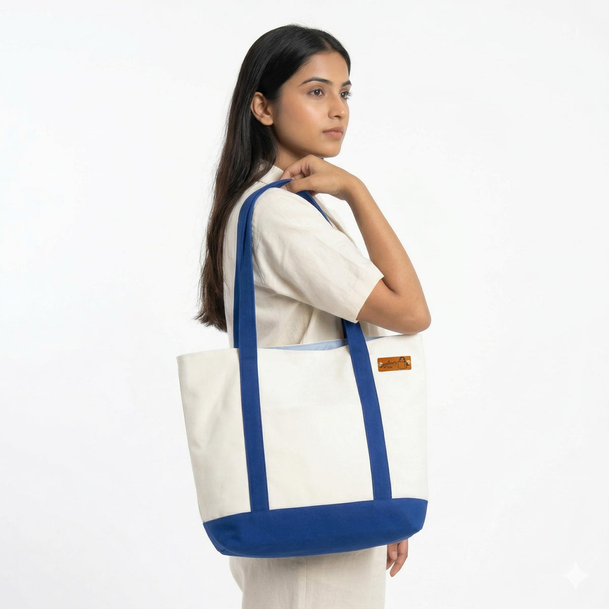 Meeboo’s Tote Canvas Tote Bag Off White Medium Size 350 GSM Cotton Canvas Shoulder Bag for Women Reusable Shopping Office College Bag with Magnetic Closure (Off White Blue Handle)