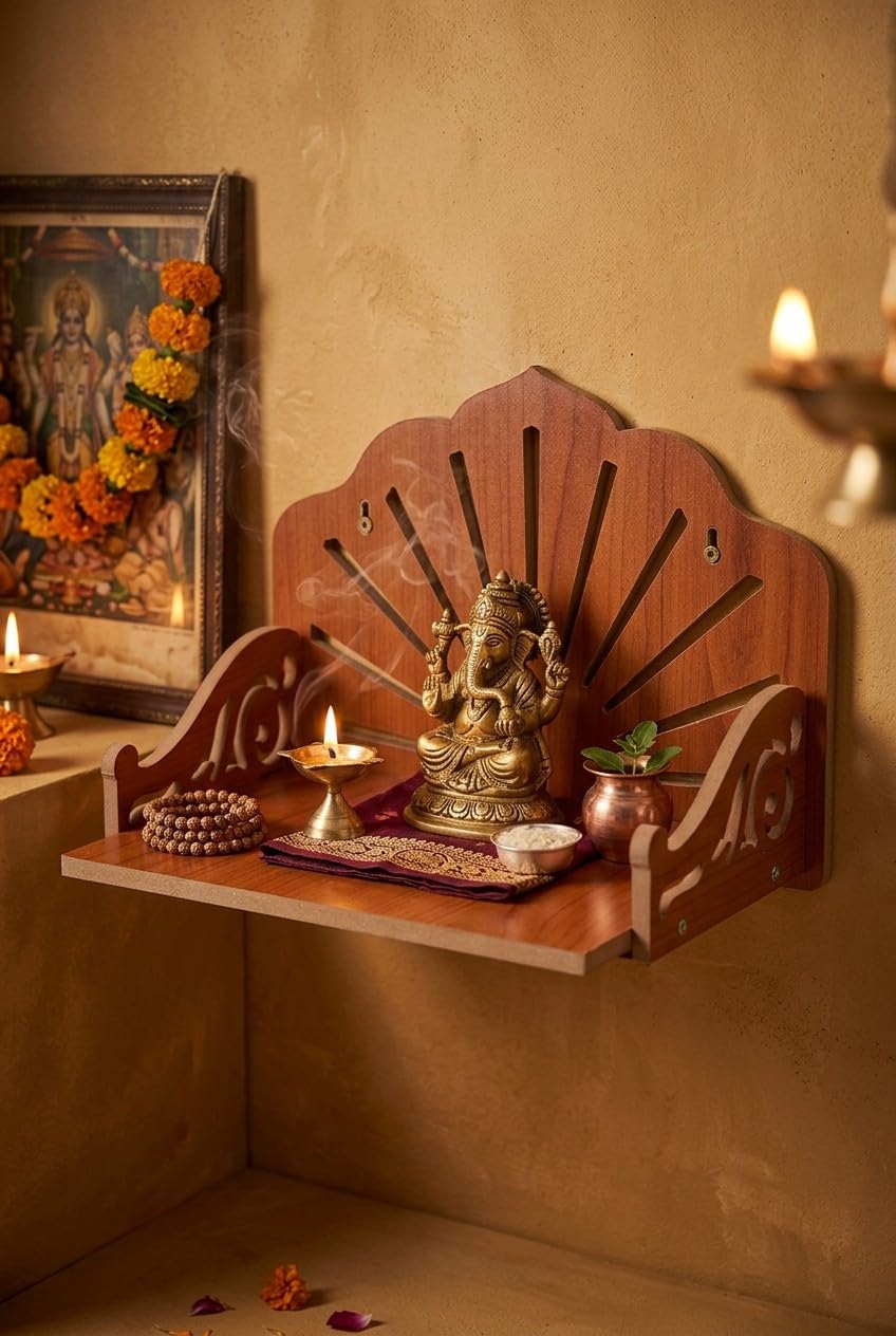 Premium Teak Wood Wall Mounted Pooja Mandir for Home | Wooden Temple with Sunray Laser Cut Design | Compact Wall Hanging Shelf for Idol, Diya & Prasad | Traditional Home Decor