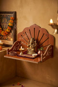 Premium Teak Wood Wall Mounted Pooja Mandir for Home | Wooden Temple with Sunray Laser Cut Design | Compact Wall Hanging Shelf for Idol, Diya & Prasad | Traditional Home Decor