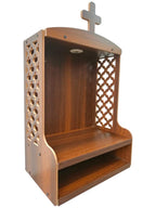 Wooden Wall Mounted Home Temple with 2W LED Light, Warm White, Prayer Shrine with Cross, Decorative Lattice Design, Storage Shelf, Brown Finish