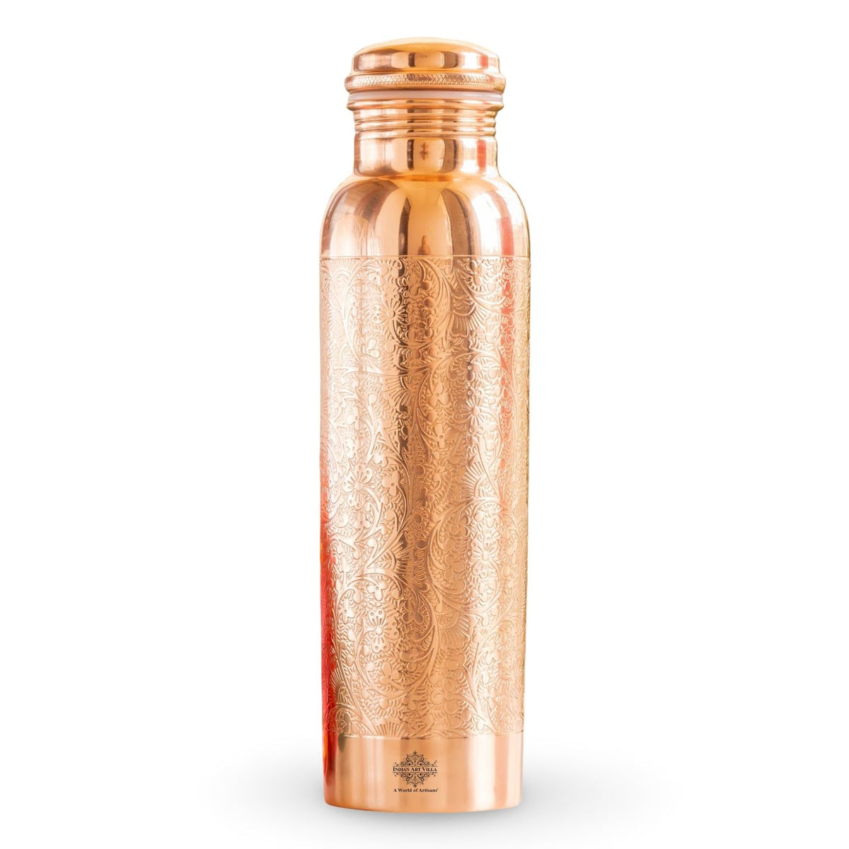 INDIAN ART VILLA Pure Copper Water Bottle with Floral Vines Embossed Design, Drinkware, Storage Purpose, Volume-1000 ML, Pack of 1