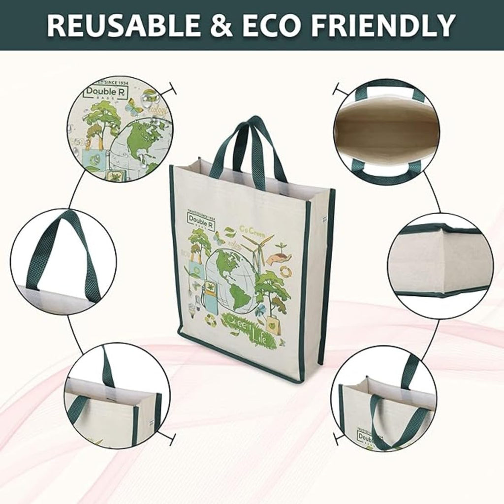 DOUBLE R BAGS Unisex Eco-Friendly Reusable Cotton Canvas Casual Bag with Reinforced Handles (Green Life, 40.6x35x10 cm) | Multi-Purpose Grocery, Kitchen Essentials, Fruits & Veggies Bag | Pack of 1